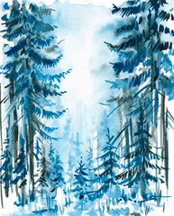 Fototapete Rund Blue forest watercolor painted. © dannywilde