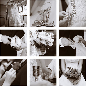 Wedding collage of nine photos, sepia