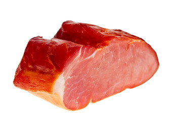 Smoked bacon closeup isolated over white background.