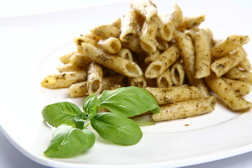 Penne with pesto in a plate decorated with basil