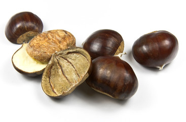 Edible chestnuts (castanea sativa) isolated on white