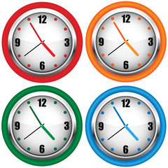 Multi-coloured wall clock. A vector illustration.