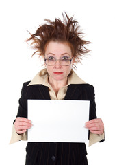 Naklejka premium crazy businesswoman holding a whiteboard