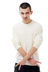 Fototapeta premium Young man showing sign on white background