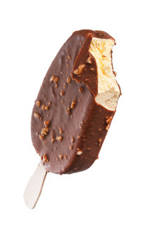 ice cream covered with chocolate and almonds..