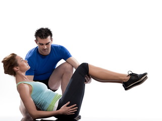 Fototapeta na wymiar couple, on Abdominals workout posture on white background.