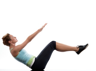 woman on Abdominals workout posture on white background.