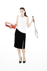 Young businesswoman with documents and a badminton racquet