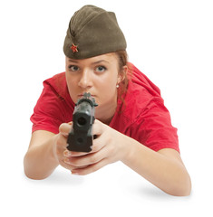 beautiful young woman posing in garrison cap