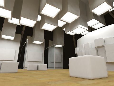 Art gallery with blank frames, modern building, conceptual archi