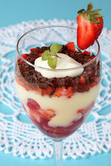 Strawberry and chocolate dessert with vanilla custard and cream