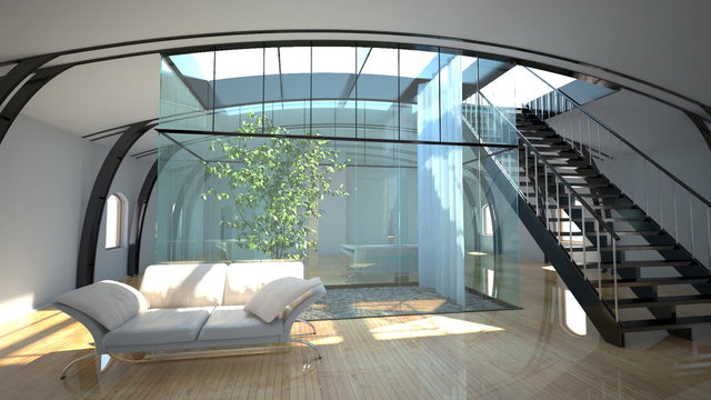 flight throught modern interior with garden