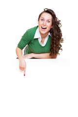 enthusiastic woman pointing at copyspace