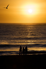 Completed sunrise over ocean and beach, with people and bird sil