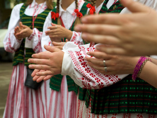 Women dressed in traditional clothes Lithuanian