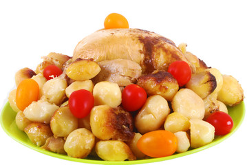 Traiteur - Poulet rôti et garniture pommes de terre tomates