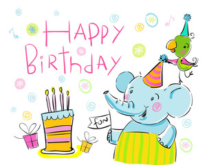 Happy Birthday, greetings from elephant and a parrot