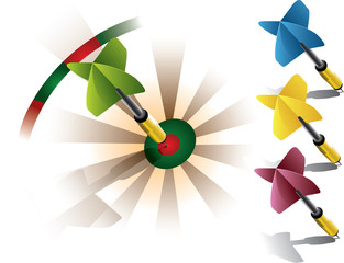 Colored darts on bullseye of a dartboard