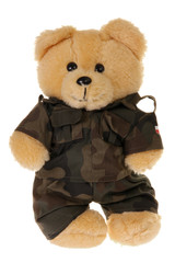 Teddy bear in military uniform isolated on white