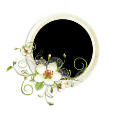 white round frame with spring branch and apple tree