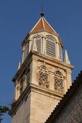 Top of church tower in historic city
