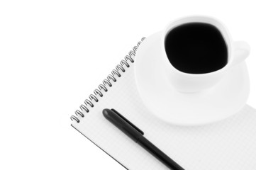Blank note pad, pen, cup of coffee isolated