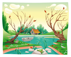 Pond and animals. Funny cartoon and vector illustration