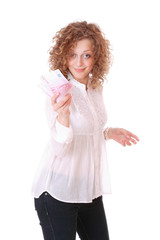 Cheerful young lady holding cash