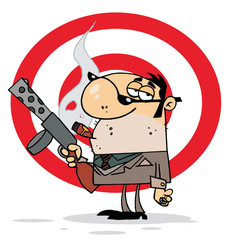 Tough Cigar Smoking Mobster Holding A Submachine Gun
