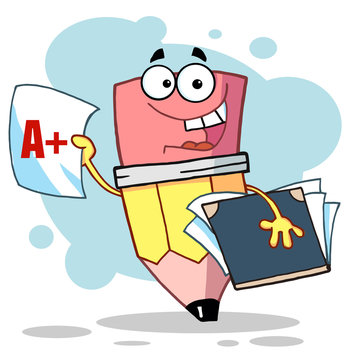 Happy Pencil Guy Holding An A Plus Report Card,background