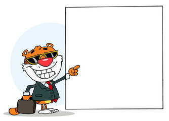 Cartoon Character Happy Tiger Pointing Towards Up