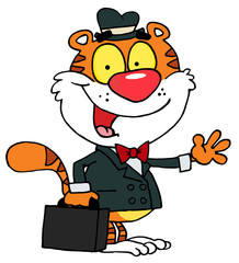 Salesman Tiger Waving And Carrying A Briefcase