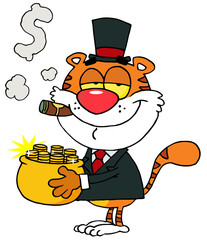Happy Tiger Carrying A Pot Of Gold And Smoking A Cigar