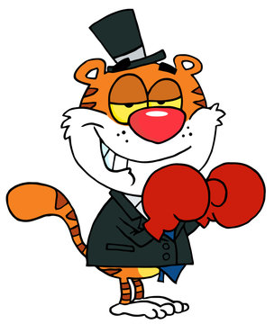 Cartoon Character Happy Tiger With Boxing Gloves
