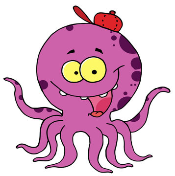 Happy Purple Octopus Wearing A Hat