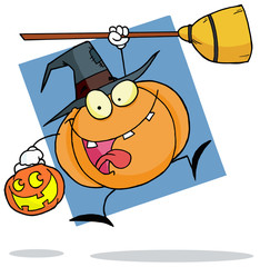 Cartoon character halloween pumkin with a broom