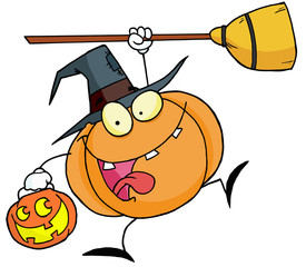 Cartoon character halloween happy pumkin with a broom