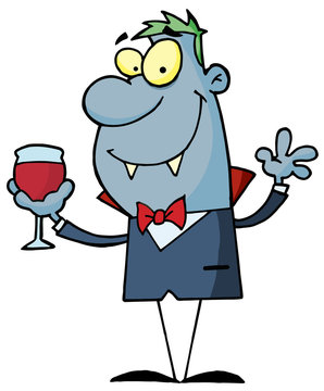 Cartoon character halloween vampire with a glass