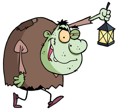Cartoon character halloween igor with lantern