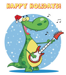 Dinosaur plays guitar with santa hat with happy holidays sign
