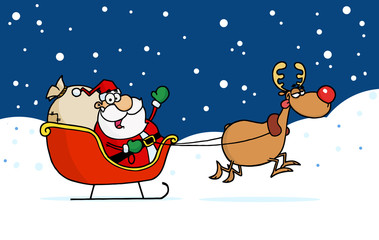 Rudolph Taking Off With Santa Claus In His Sleigh