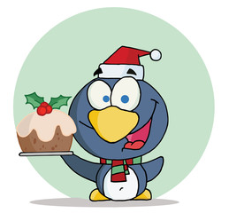 Happy Christmas Penguin Holding Christmas Pudding