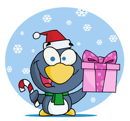 Christmas Penguin Holding A Gift And Candy Cane