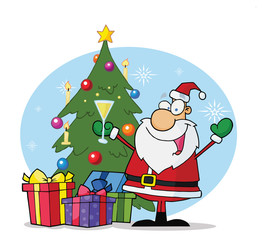 Christmas Santa Drinking Champagne By A Tree And Gifts
