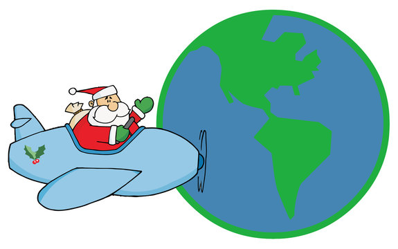 Santa Claus Flying His Plane Around The Globe