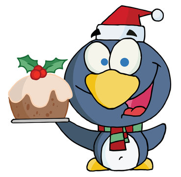 Christmas Penguin Holding Christmas Pudding