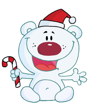 Christmas Polar Bear Holding A Candy Cane