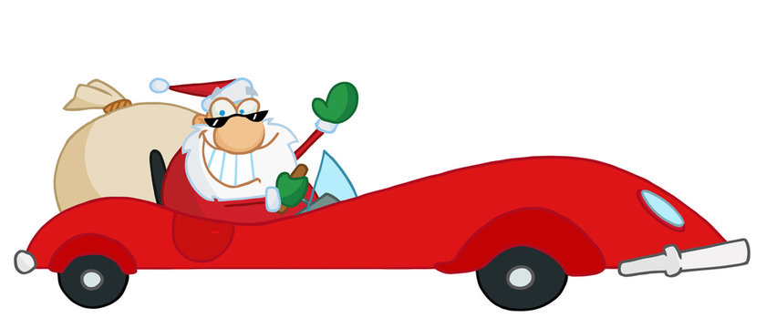Christmas Santa Waving And Driving His Red Sports Car