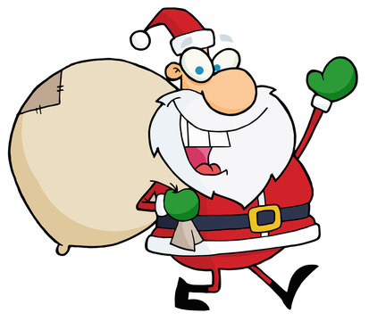 Jolly Christmas Santa Waving And Walking With His Toy Sack