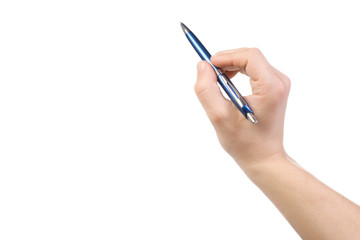hand holding blue pen